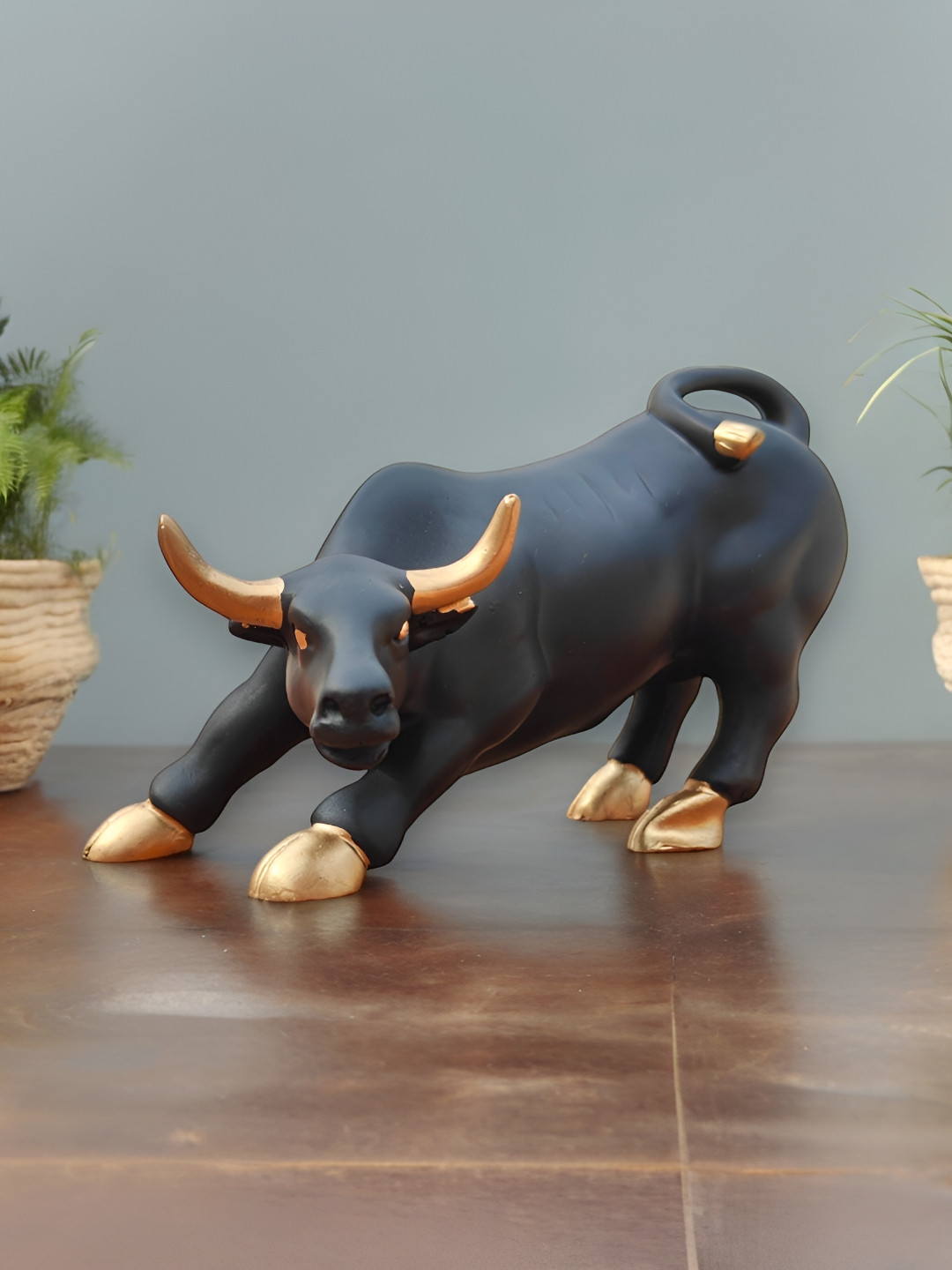 SkyKey Bull Black Polyresin Matte Living Room Small Showpiece - 3.9 Inches