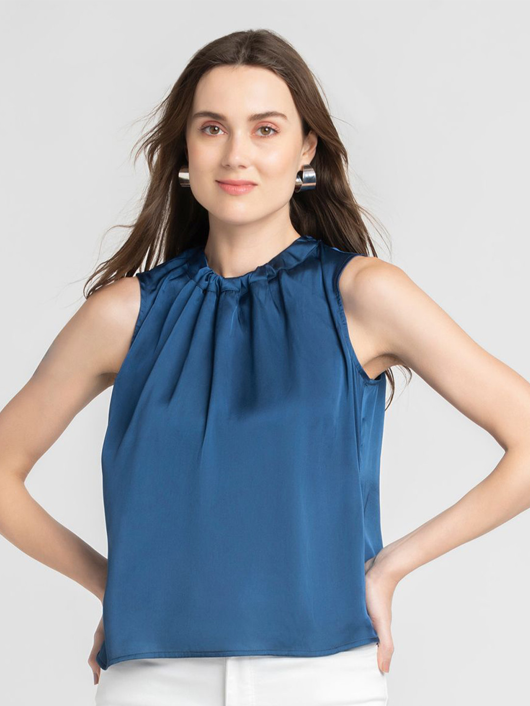SHAYE Satin Top Round Neck Blue Solid Sleeveless Casual Tops For Women