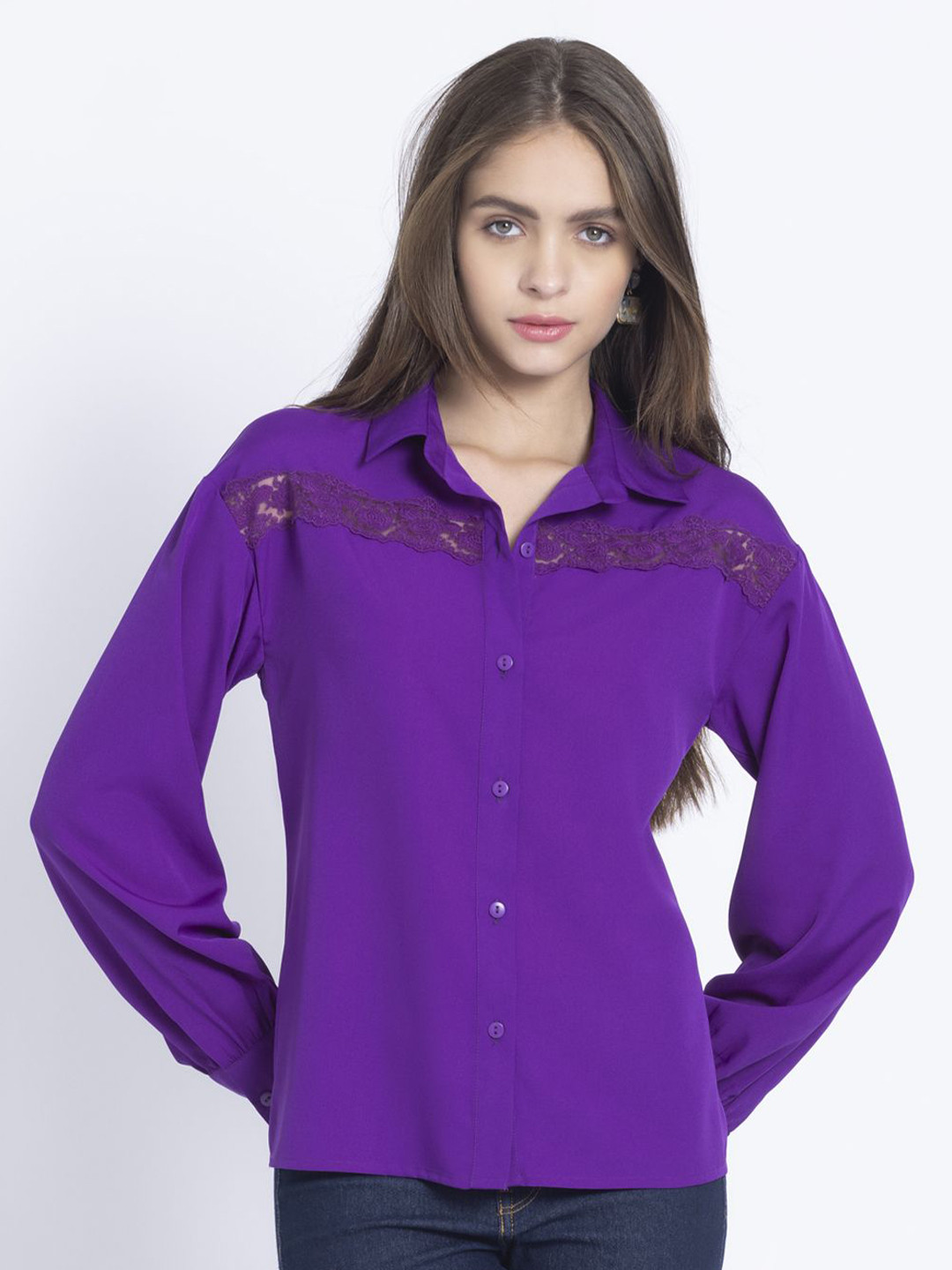 SHAYE Women Relaxed Opaque Regular Fit Casual Lace Inserts Shirt