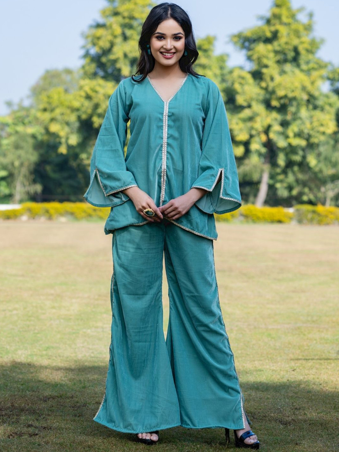 HOUSE OF JAMOTI Laced V- Neck Top With Flared Palazzos