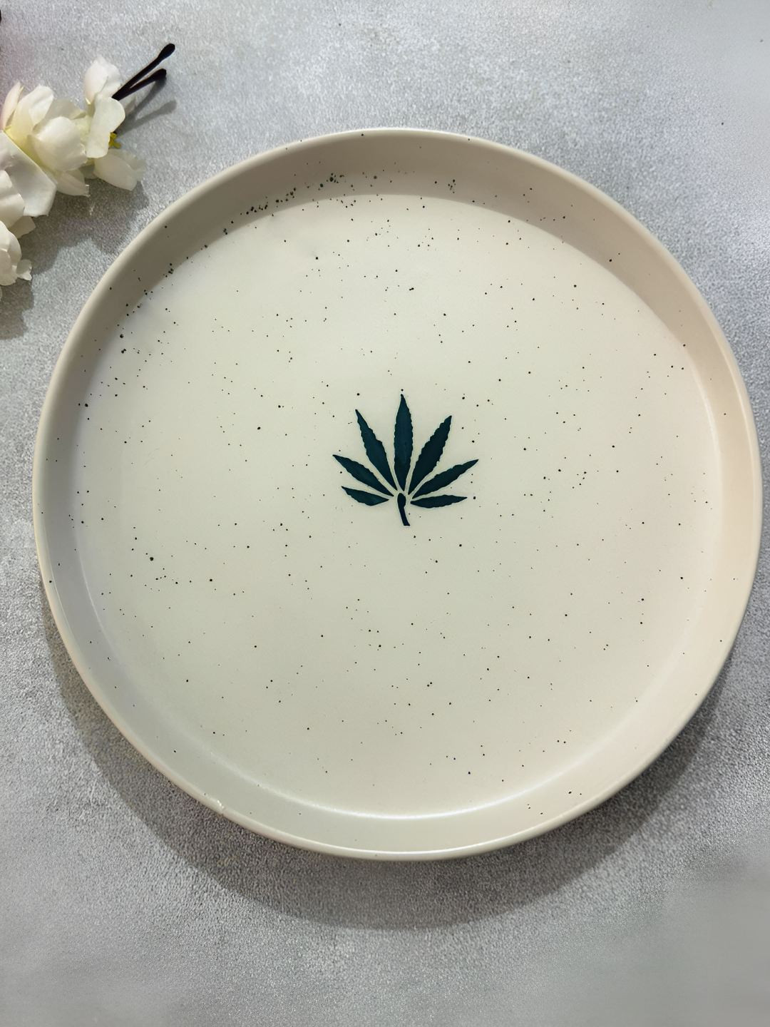 Lupaava White & Green Printed Ceramic Microwave Safe Dinner Plate