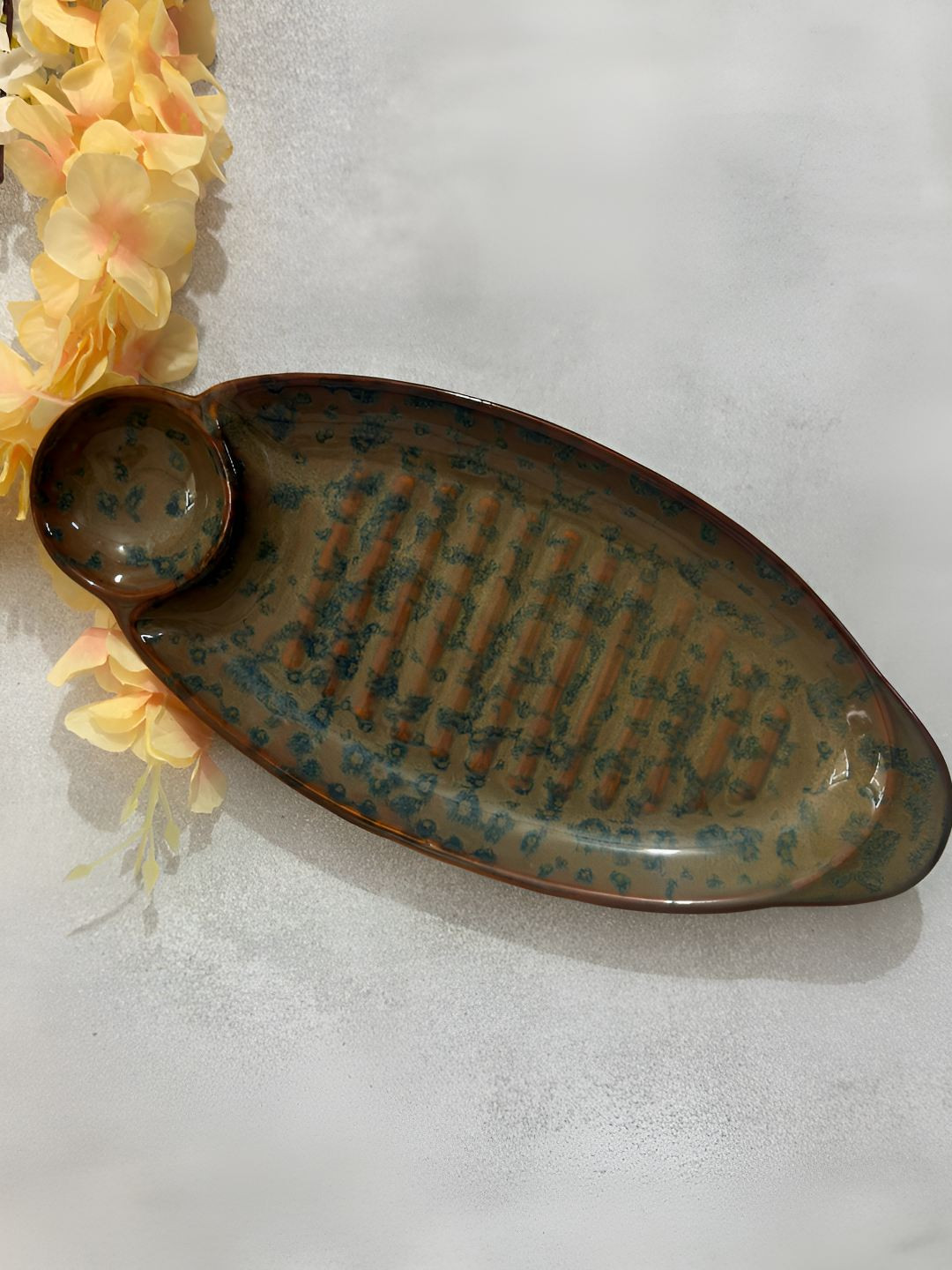 Lupaava Brown & Green Abstract Printed Ceramic Microwave Safe Chip & Dip Plate