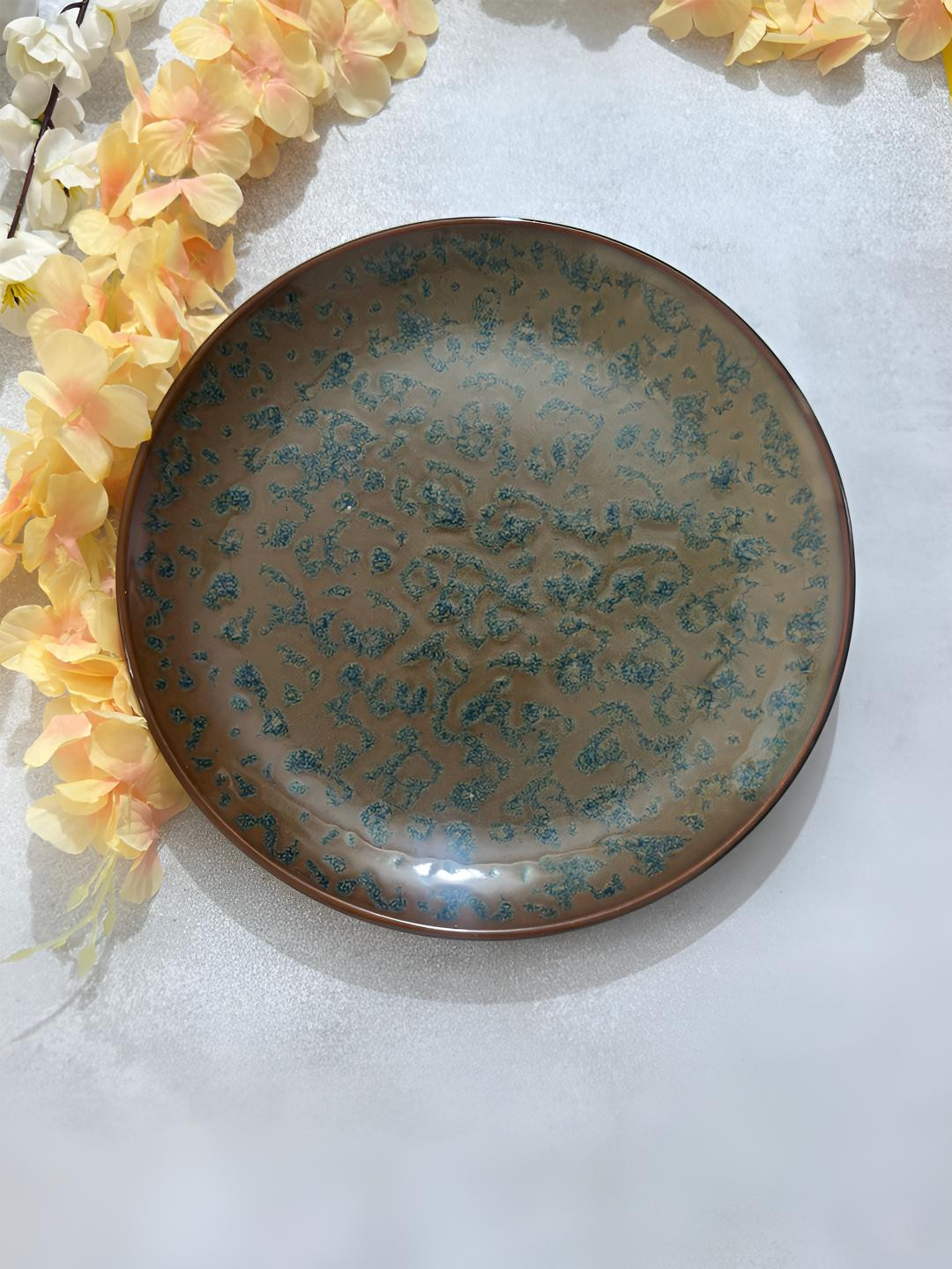 Lupaava Brown & Green Abstract Printed Dishwasher Safe Ceramic Plate