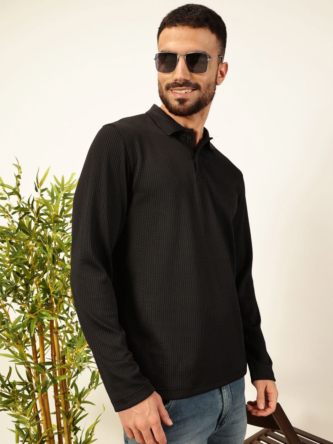 Thomas Scott Men Smart Self Design Polo Full Sleeves T-shirt