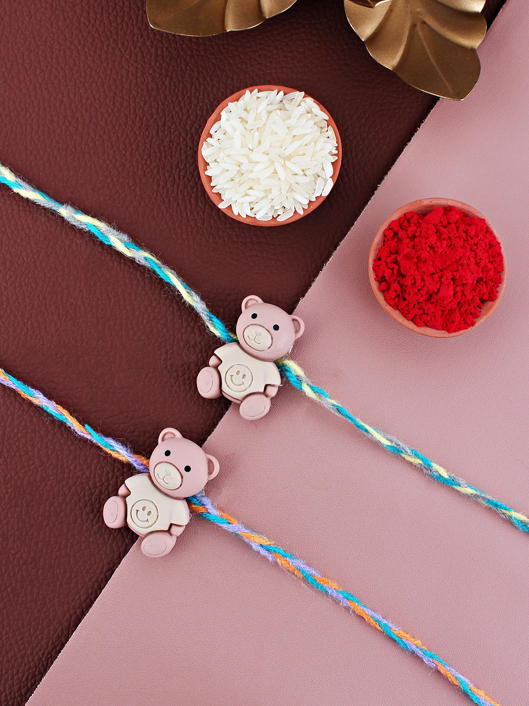 LUCKY JEWELLERY Set of 2 Cute Teddy Thread Rakhis With Roli Chawal & Greeting Cards
