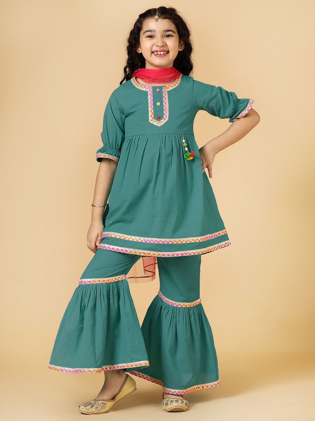 A.T.U.N. Girls Empire Gotta Patti Linen A-Line Kurti With Sharara & Dupatta