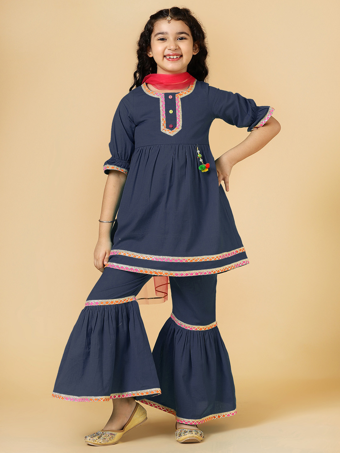A.T.U.N. Girls Linen Kurti With Sharara & with Dupatta