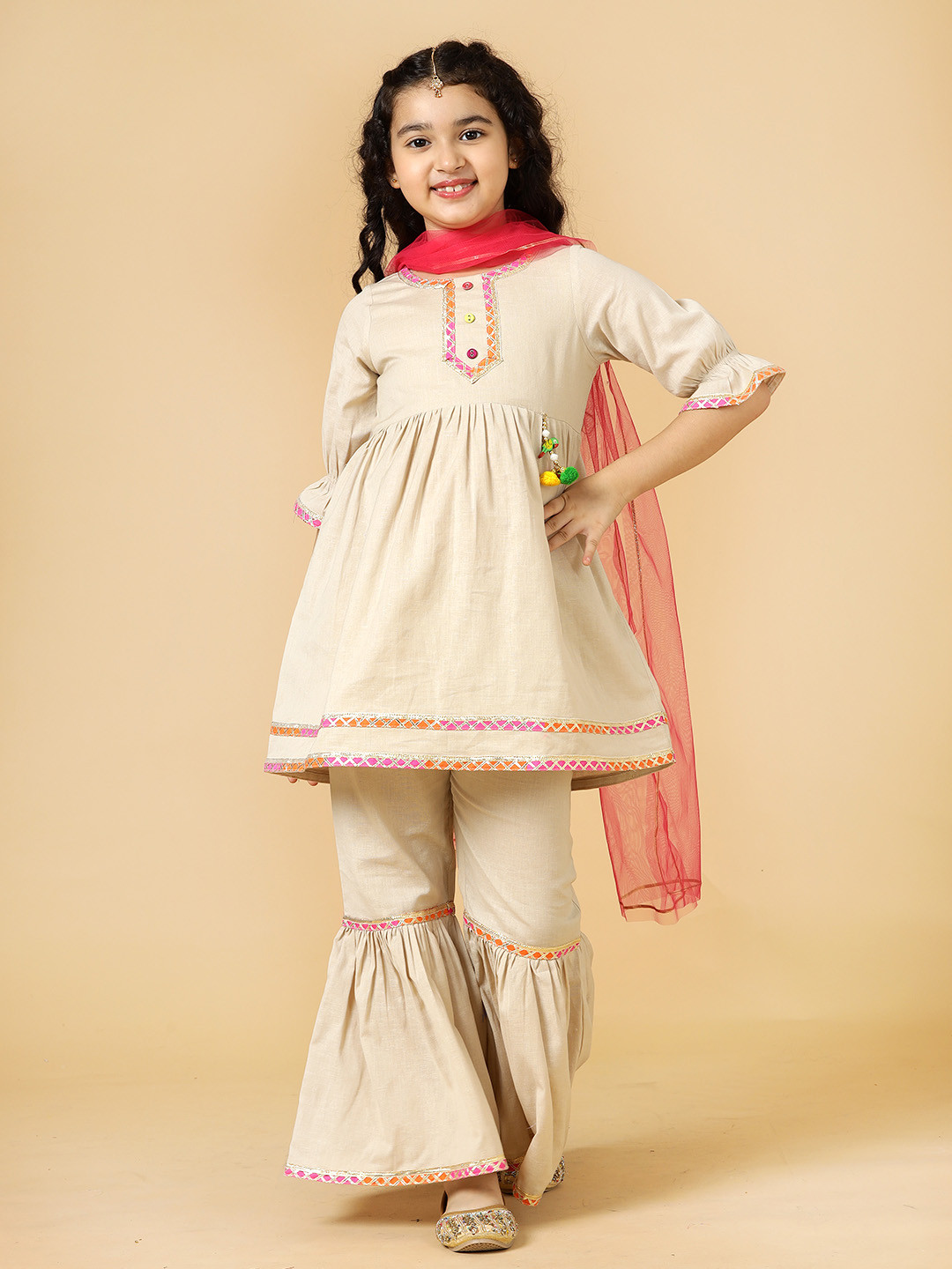 A.T.U.N. Girls Pleated Gotta Patti Linen A-Line Kurti With Sharara & Dupatta