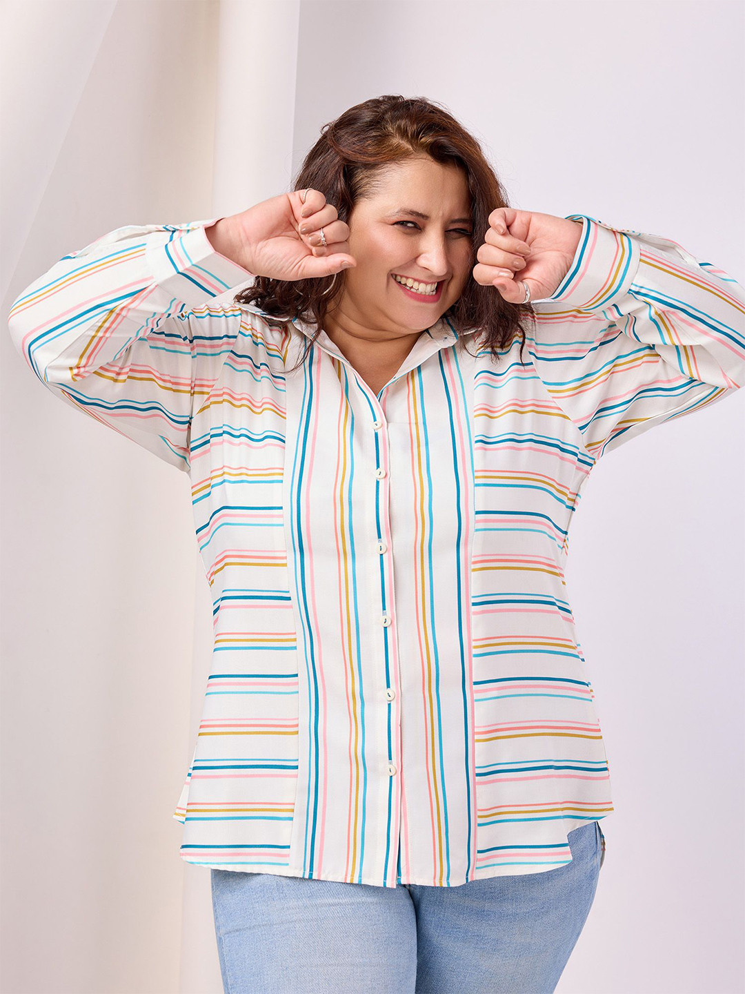 ONRA Women Plus Size Standard Multi Striped Casual Shirt