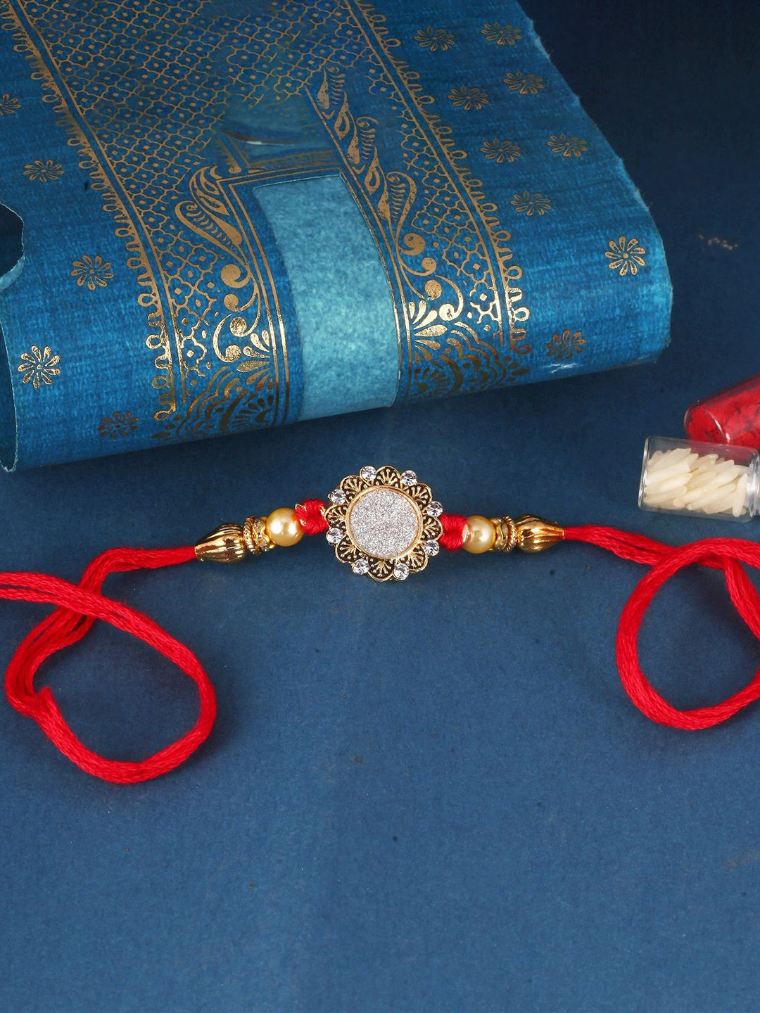 Vighnaharta Boys Gold & Rhodium-Plated Cubic Zirconia Studded Floral Thread Rakhi
