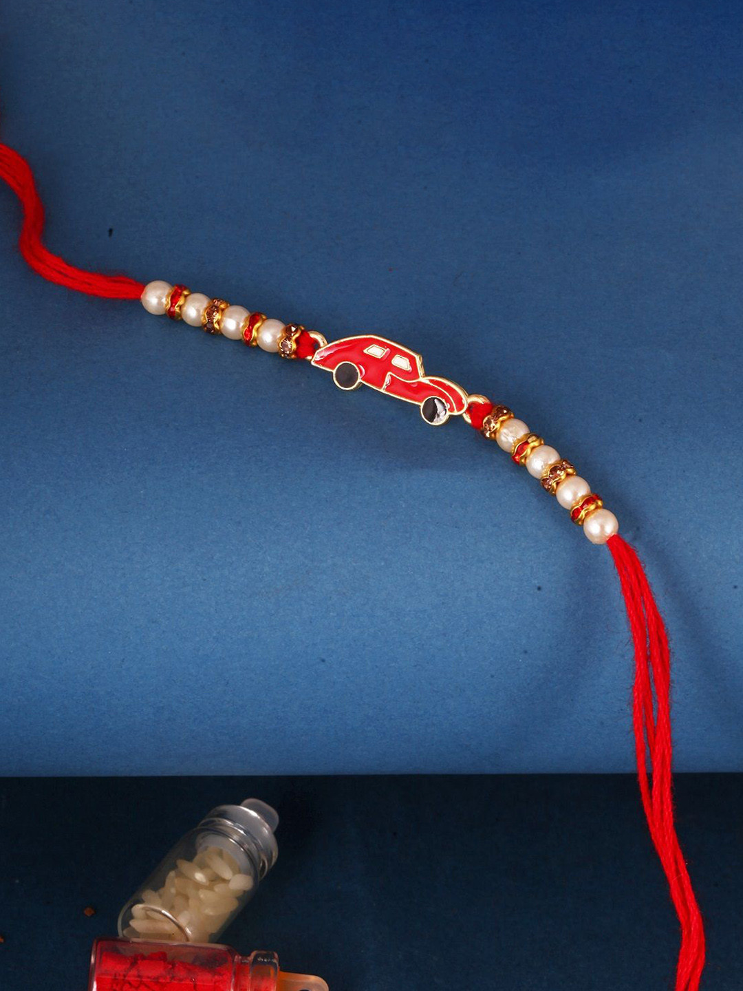 Vighnaharta Gold and Rhodium Plated Car Beaded Thread Rakhi