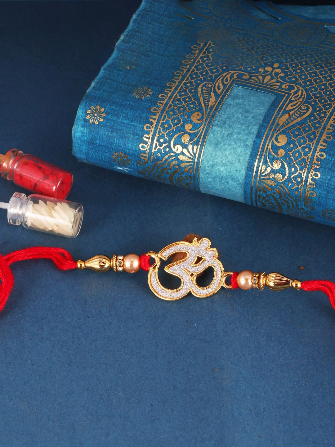 Vighnaharta Boys Gold And Rhodium Plated OM CZ Stone Studded Thread Rakhi