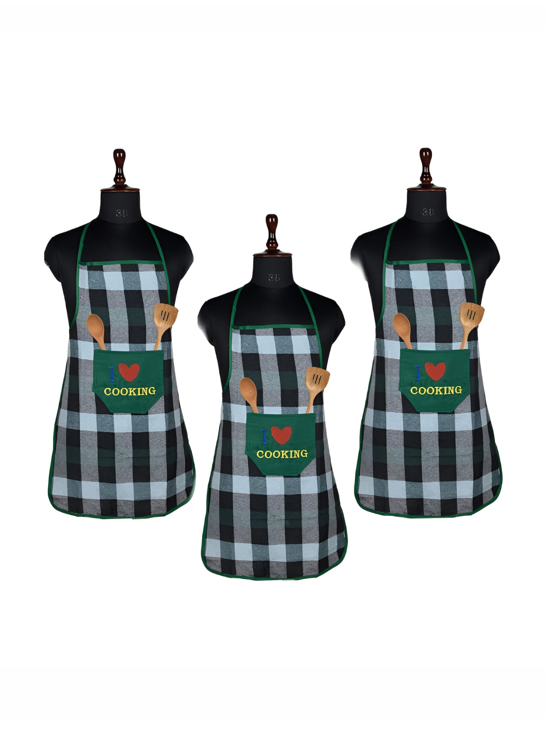 Kuber Industries Green & Grey 3 Pieces Checked Waterproof Kitchen Aprons