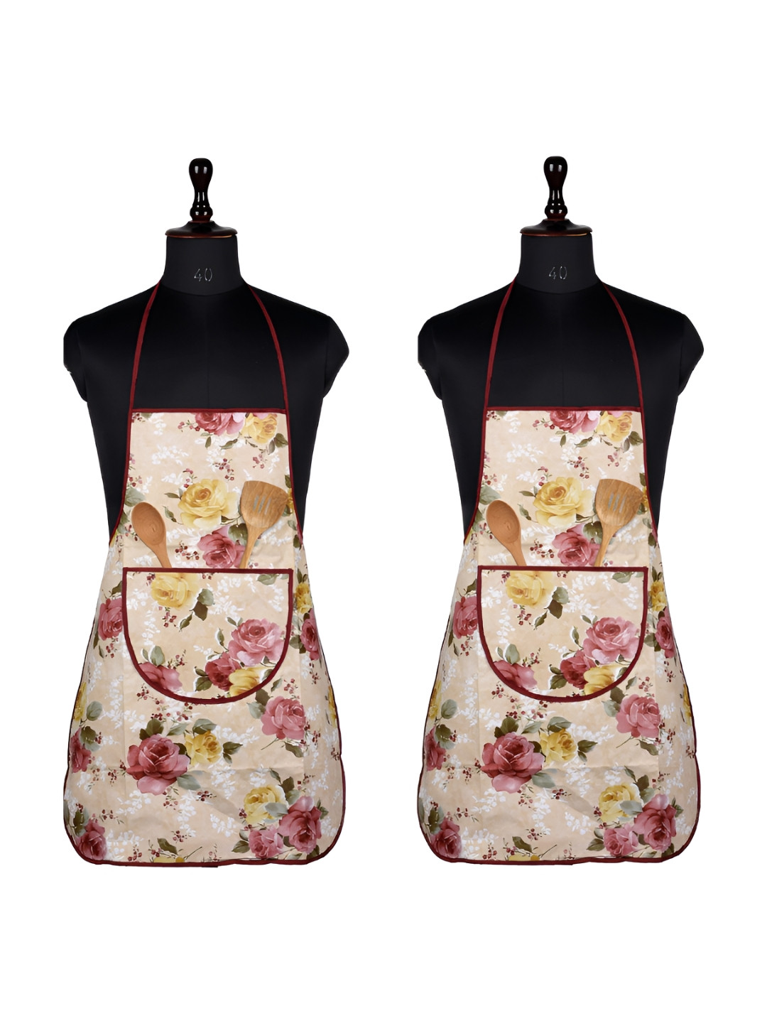 Kuber Industries Beige & Pink 2 Pieces Floral Printed Kitchen Aprons