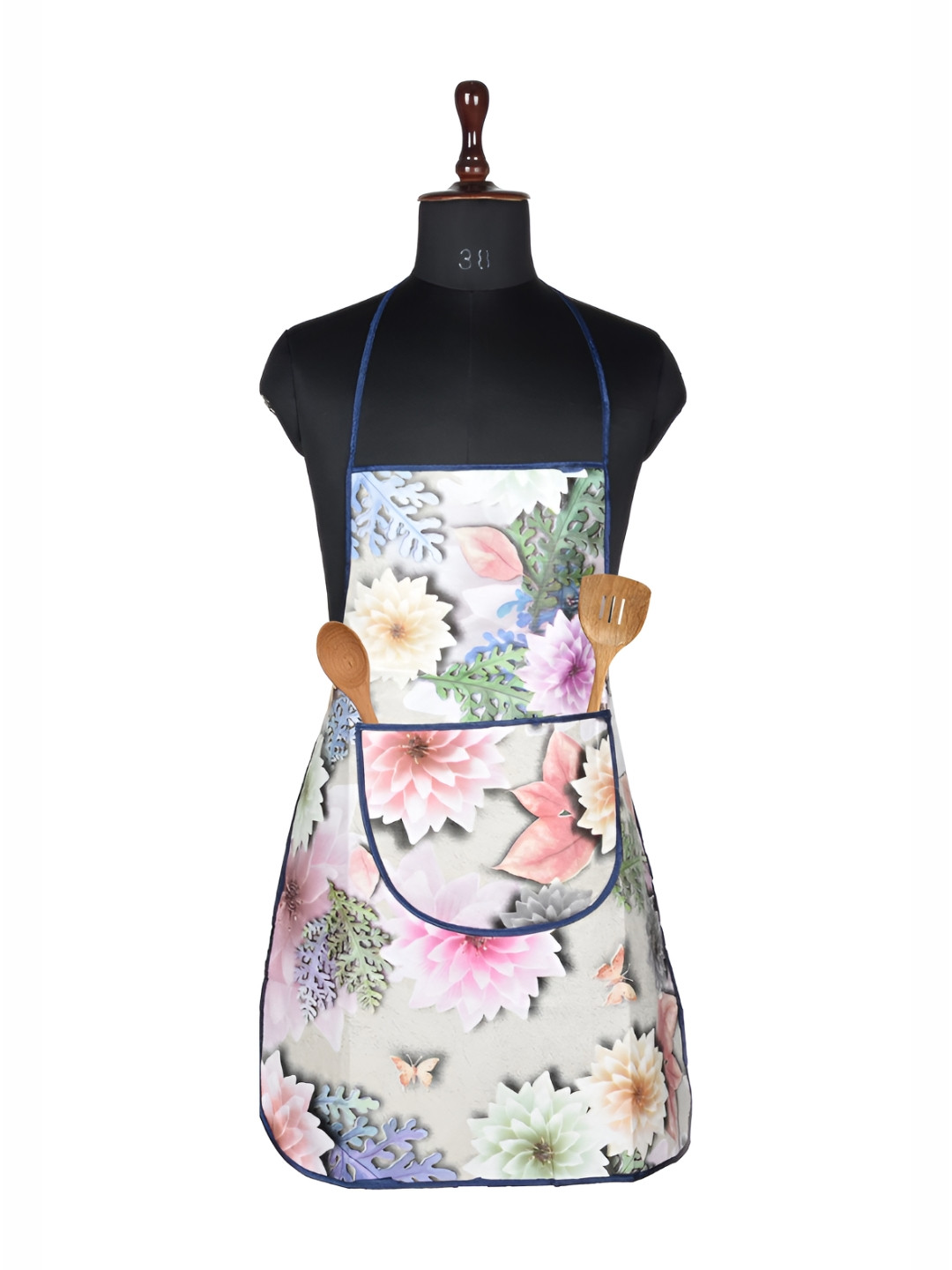 Kuber Industries White & Green Floral Printed Waterproof Front Pocket Kitchen Apron