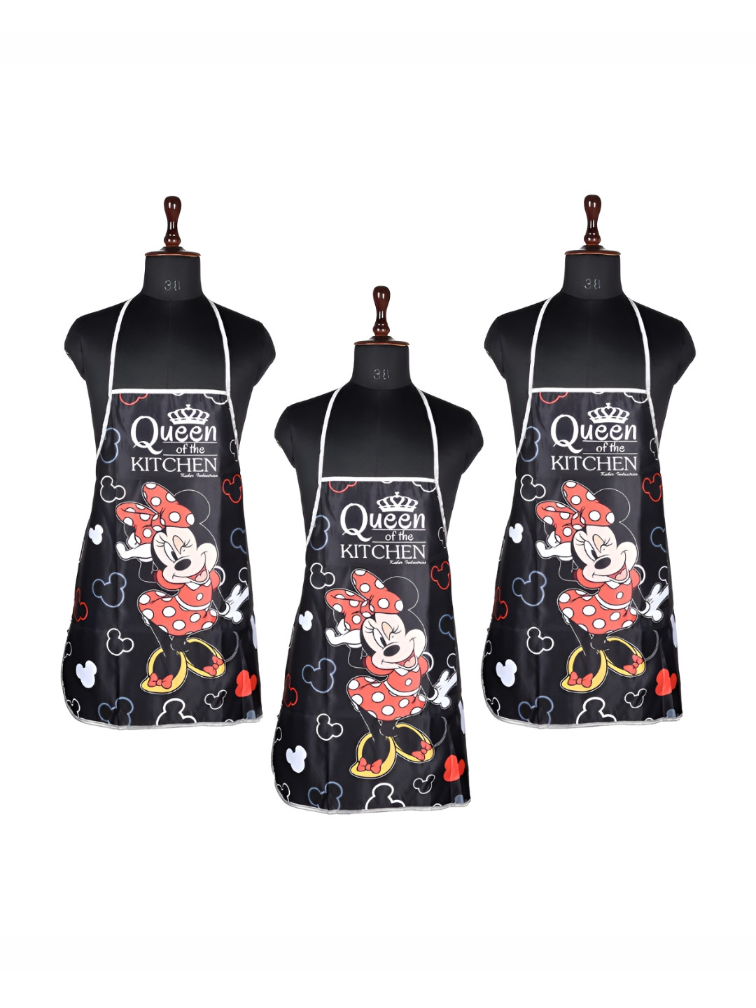 Kuber Industries Black & White 3 Pieces Disney Minnie Printed Waterproof Kitchen Aprons