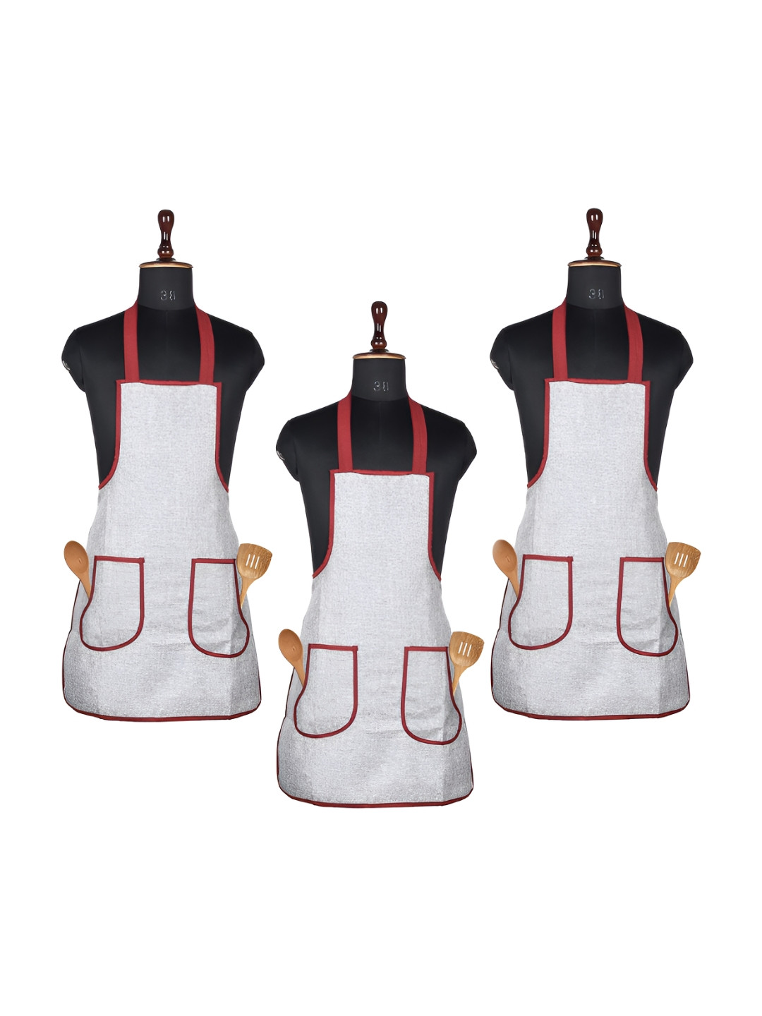 Kuber Industries Silver Toned & Red 3 Pieces Printed Jute  Kitchen Apron