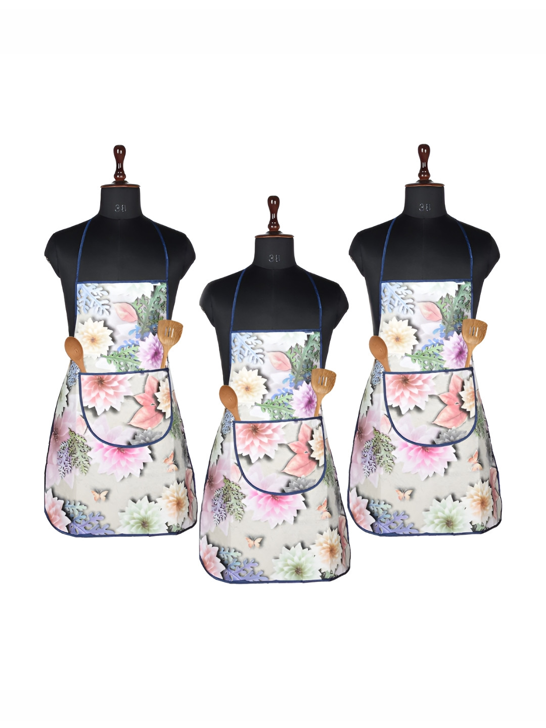 Kuber Industries White & Pink 3 Pieces Waterproof Front Pocket Kitchen Aprons