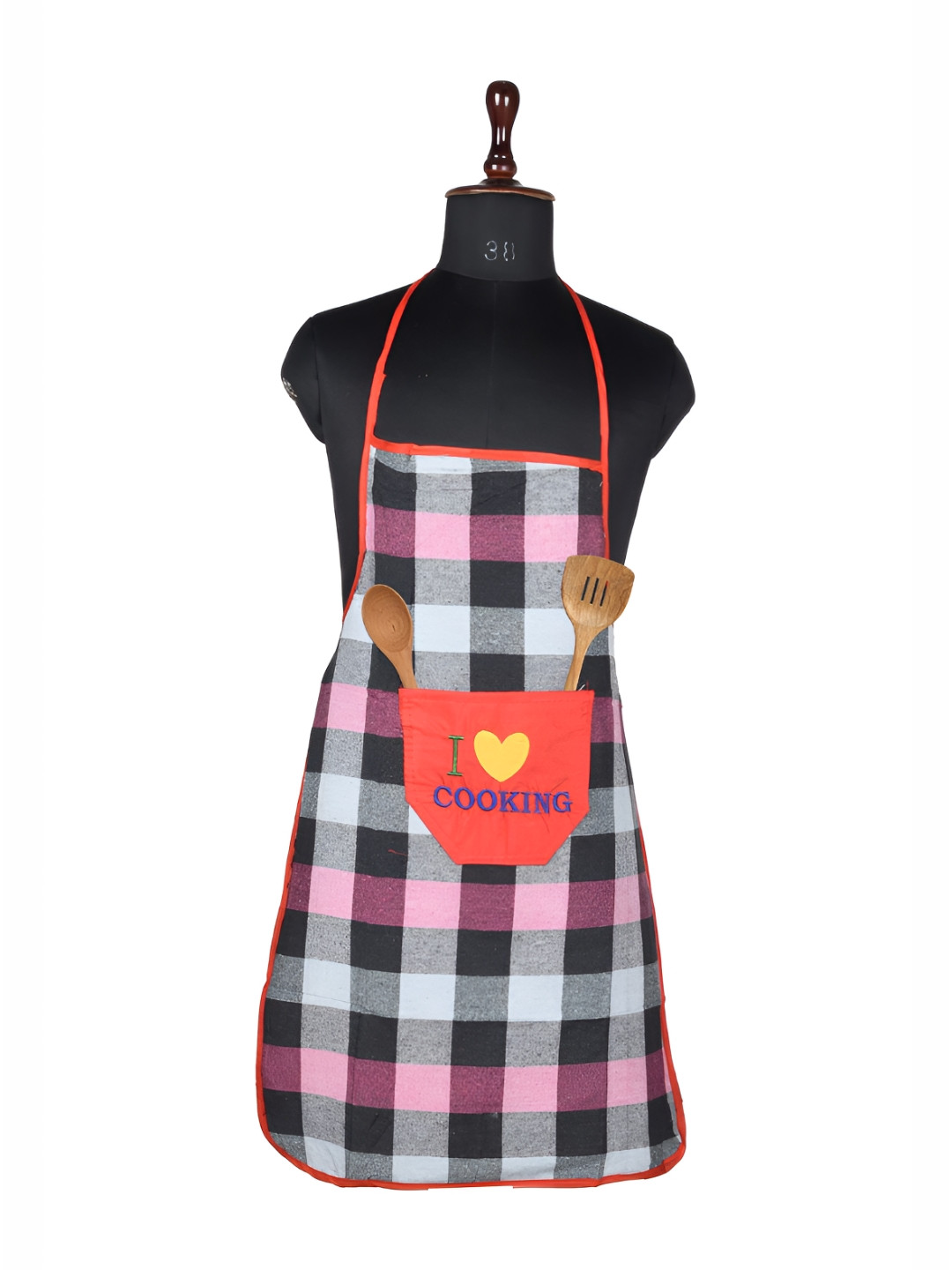 Kuber Industries Grey & Red Checked Printed Cotton Kitchen Apron
