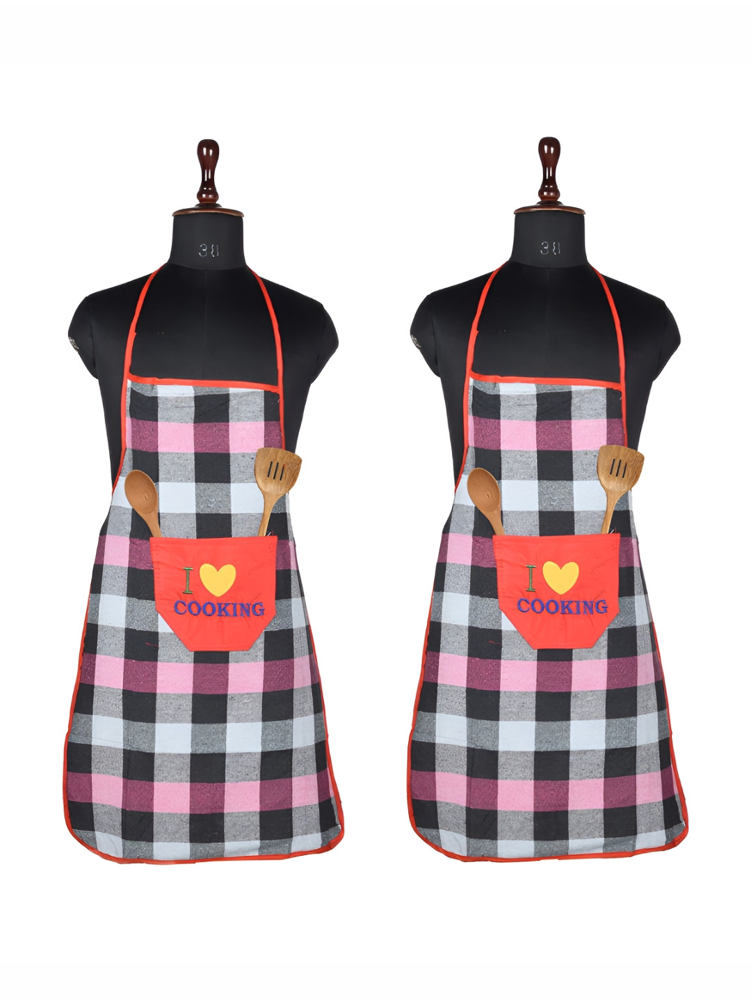 Kuber Industries Red & Black 2 Pieces Checked Cotton Waterproof Kitchen Aprons
