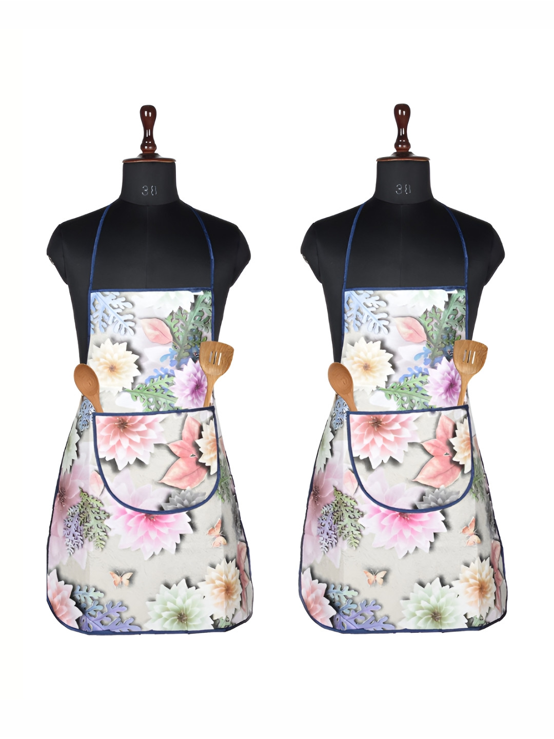 Kuber Industries White & Green 2 Pieces Floral Printed Waterproof Kitchen Aprons