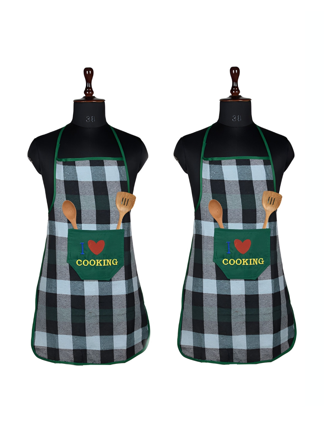 Kuber Industries Green & Black 2 Pieces Checked Cotton Waterproof Kitchen Aprons