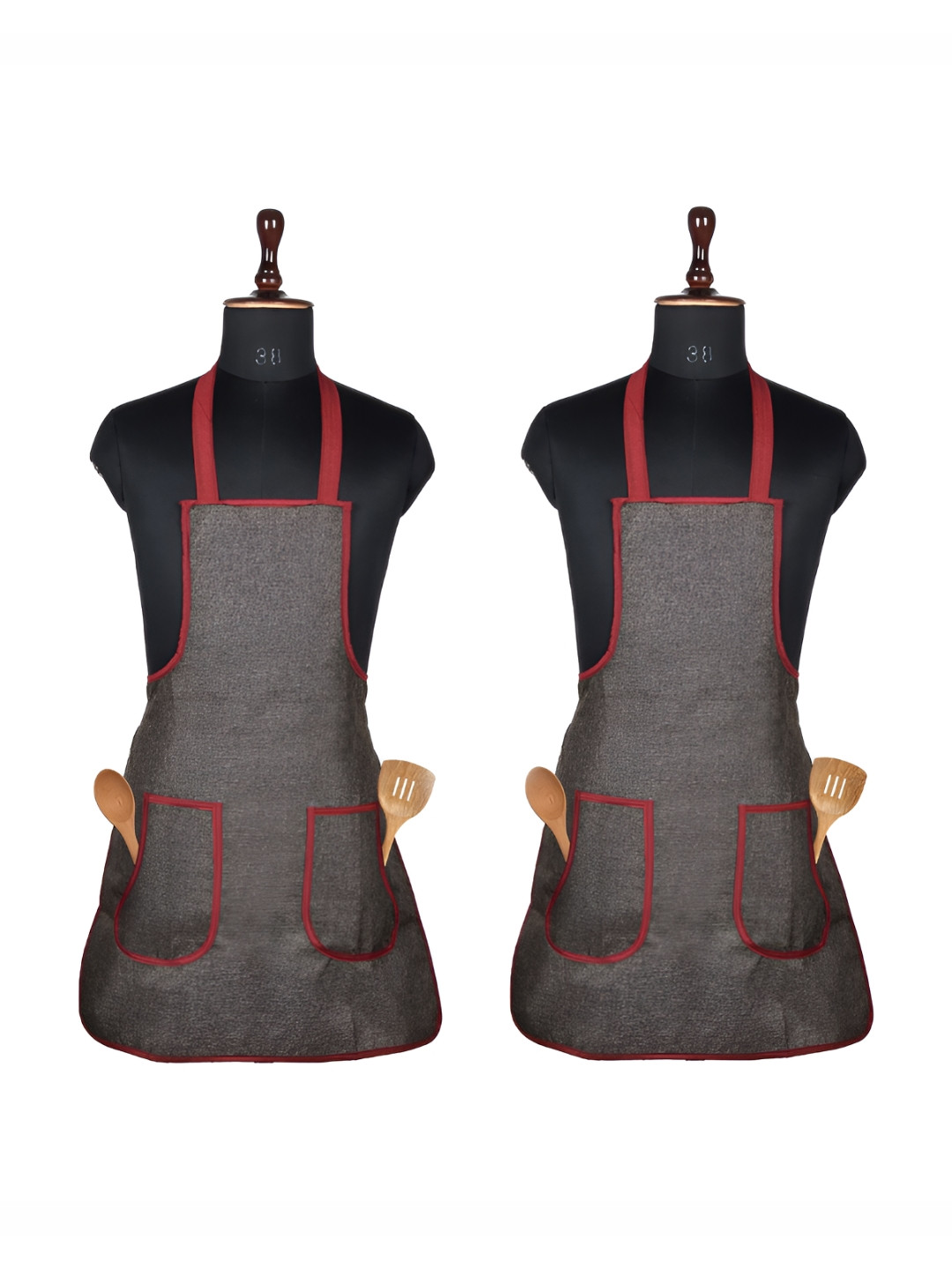Kuber Industries Dark Brown & Maroon 2 Pieces Jute Waterproof Aprons With Pockets