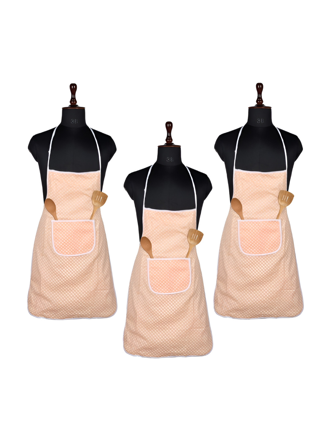 Kuber Industries Peach Coloured 3 Pieces Polka Dot Printed Front Pocket Waterproof Aprons