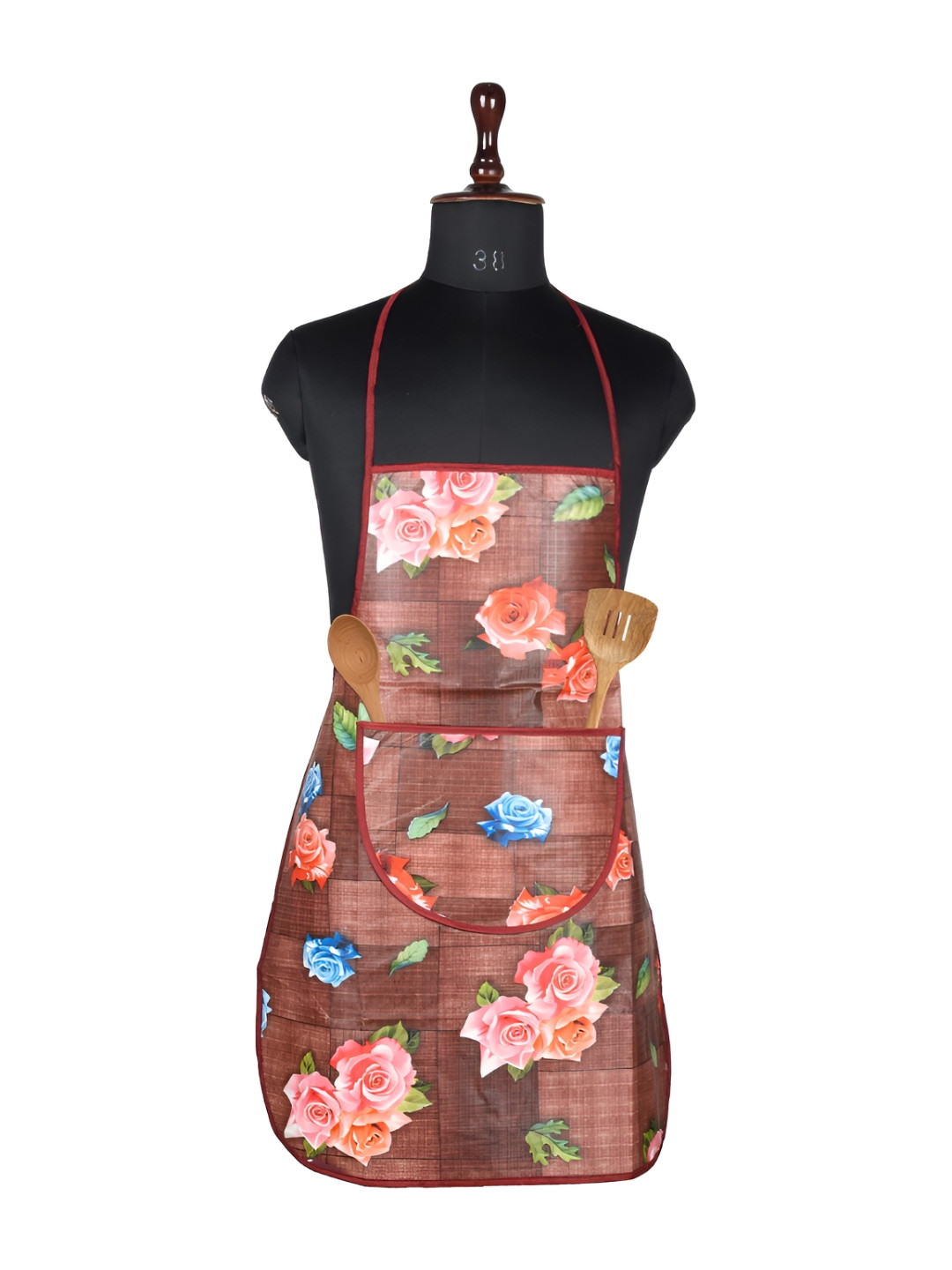 Kuber Industries Maroon & Pink Floral Printed Waterproof Apron With Front Pocket
