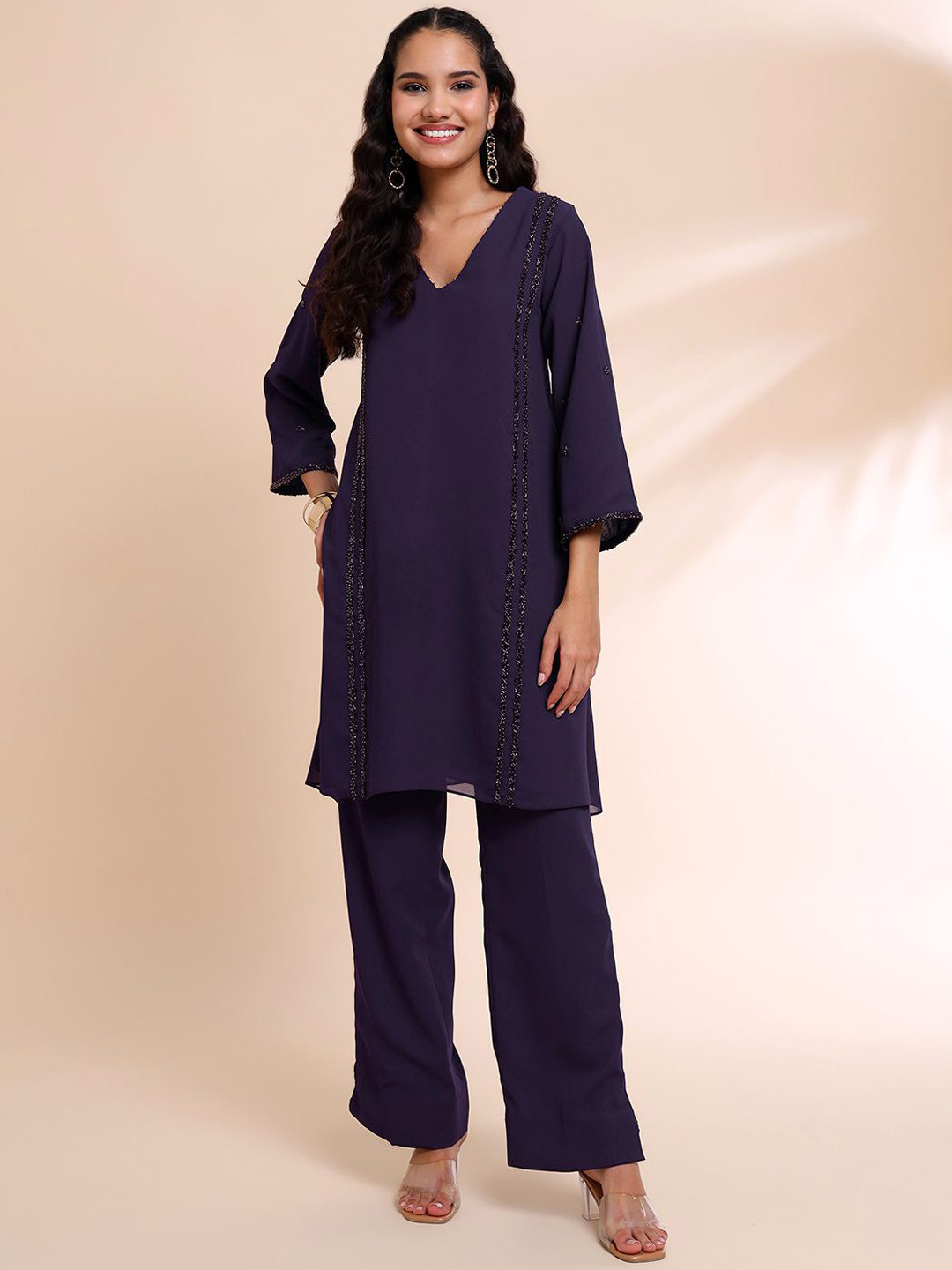RIRASA V-Neck Beaded Straight Kurta With Trousers