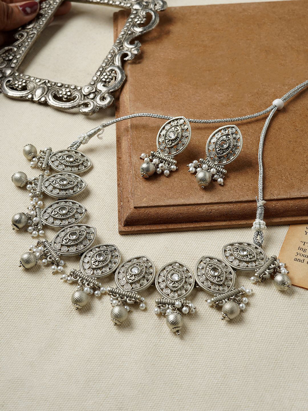 TEEJH White Oxidised Stone-Studded & Beaded Jewellery Set