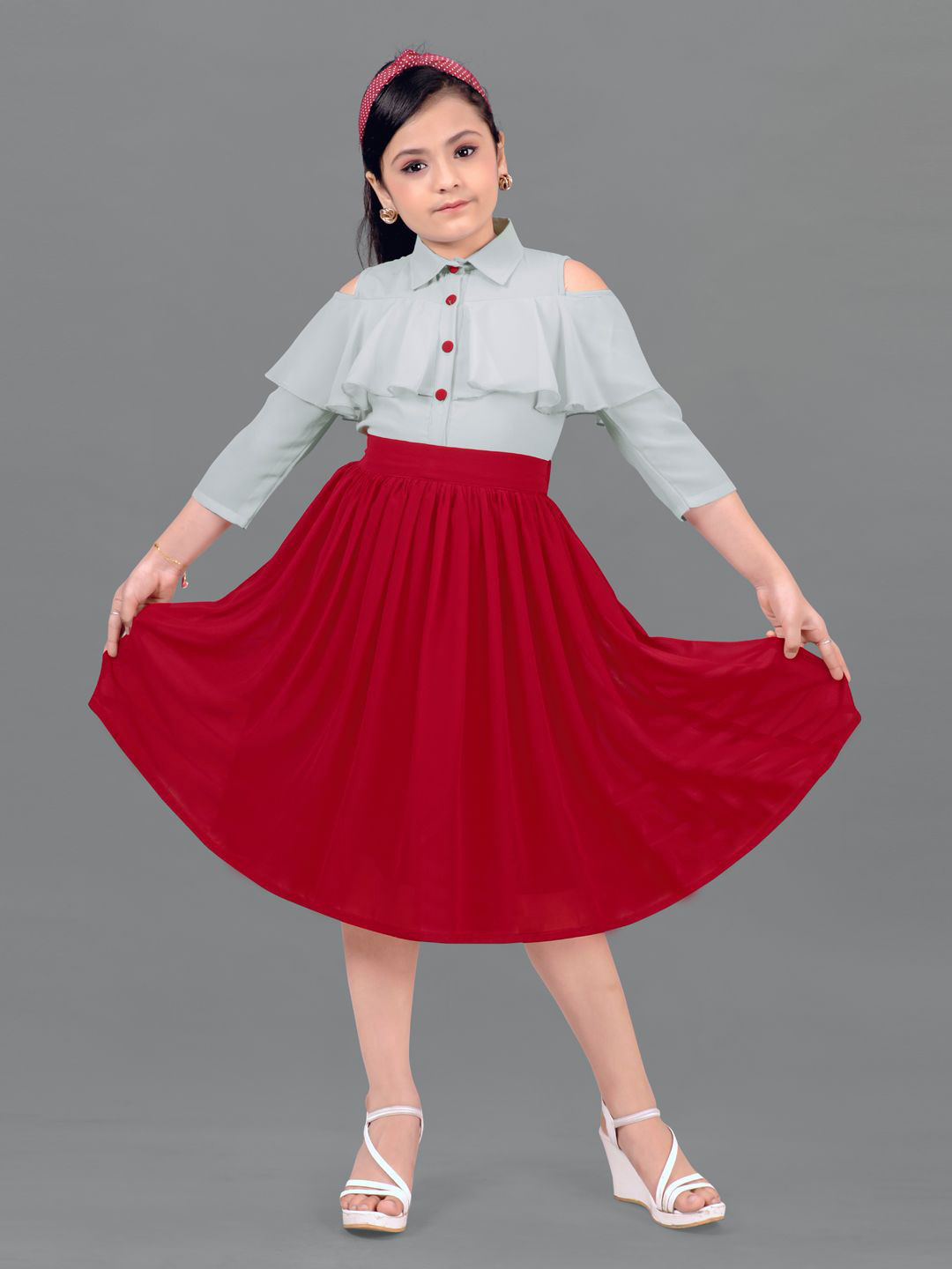 FASHION DREAM Girls Colourblocked Cold-Shoulder Fit & Flare Midi Dress