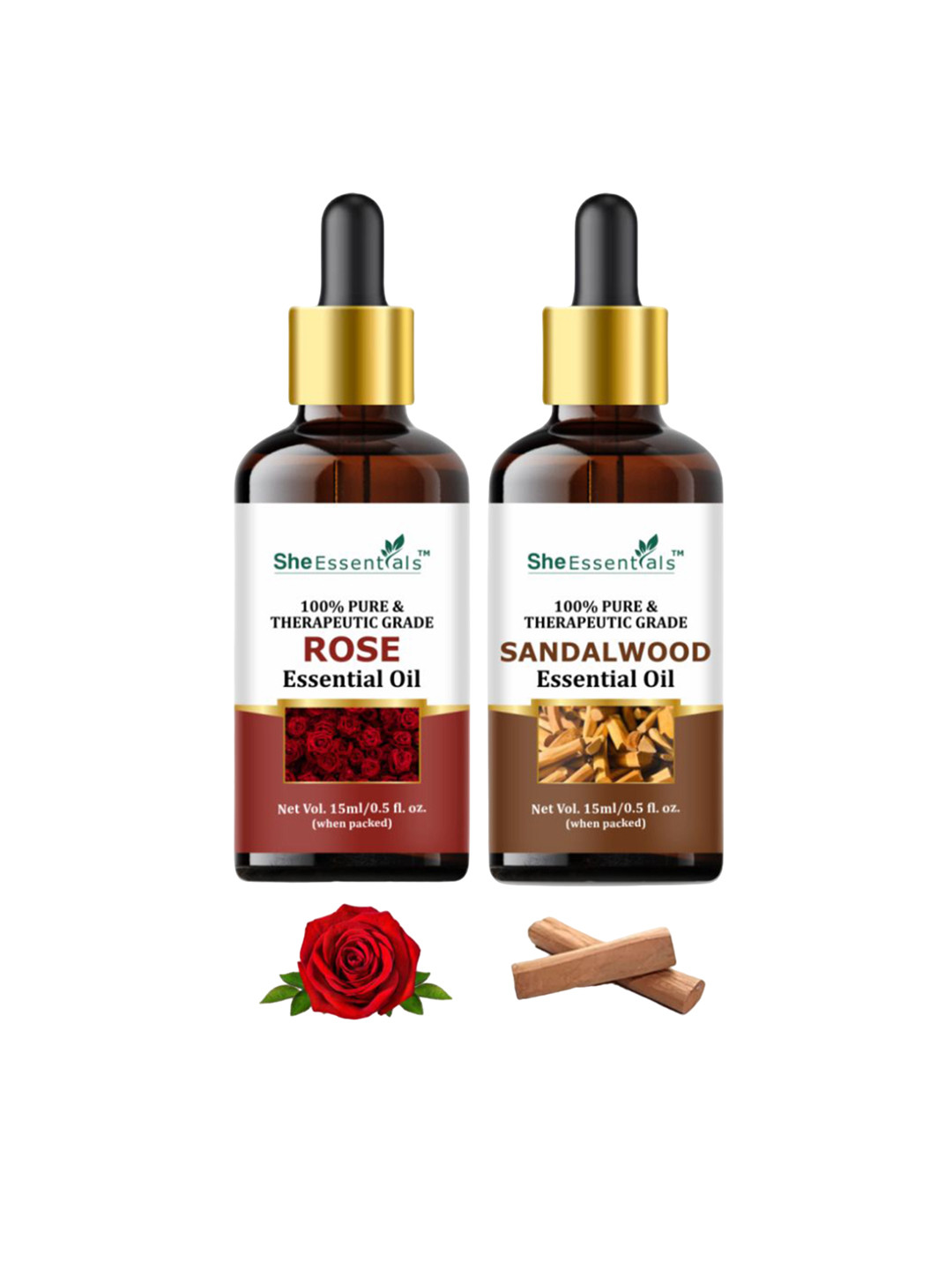 She Essentials Set Of 2 Rose Oil & Sandalwood Essential Oil - 15ml Each