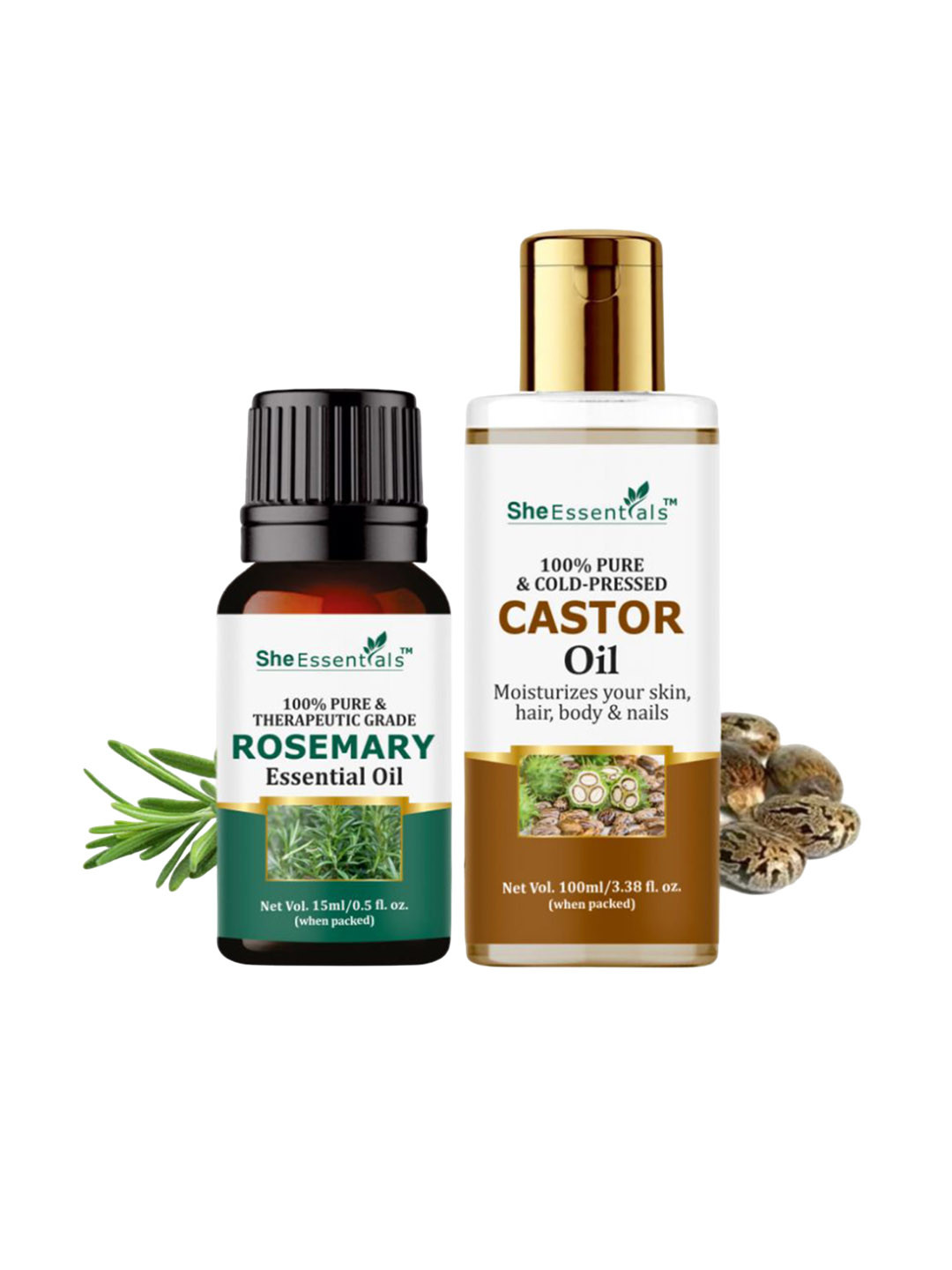 She Essentials Set Of 2 Rosemary Essential Oil & Castor Oil
