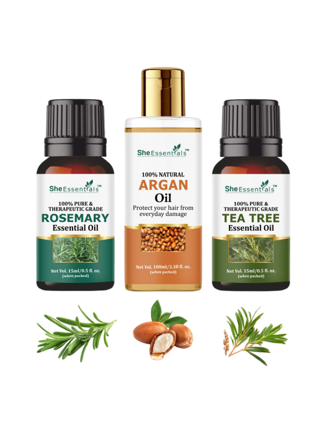 She Essentials Set Of 3 Argan Carrier Oil Rosemary & Tea Tree Essential Oil - 130ml