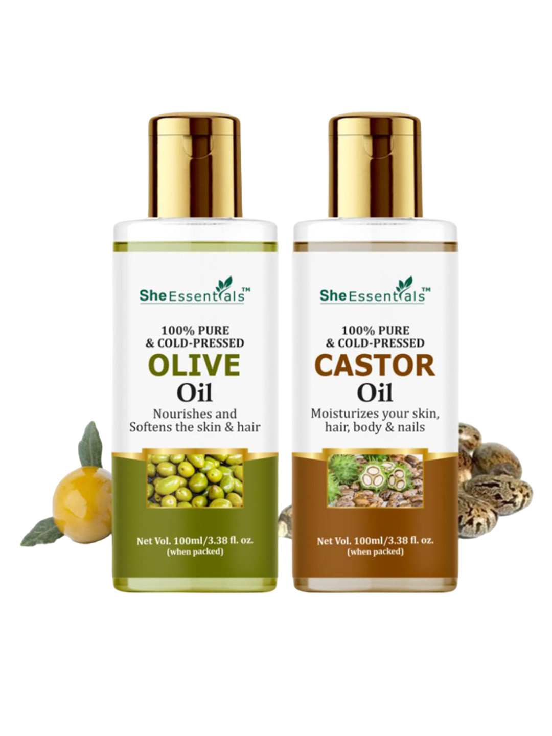 She Essentials Set Of 2 Castor & Olive Essential Oil - 100ml Each