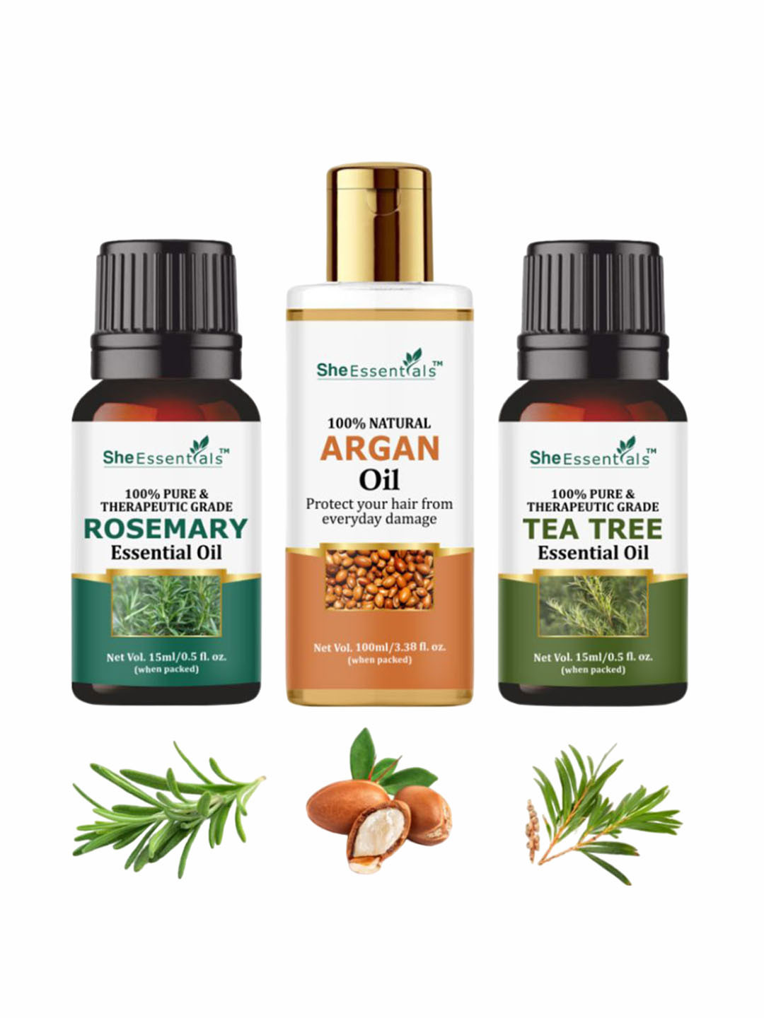 She Essentials Set Of 3 Rosemary Tea Tree Argan Essential Oil - 15ml Each