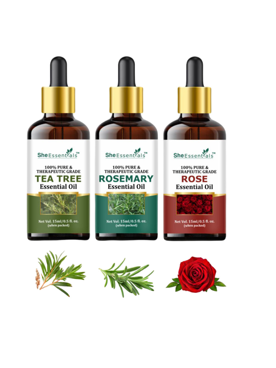 She Essentials Set Of 3 Rosemary Rose & Tea Tree Essential Oil - 15ml Each