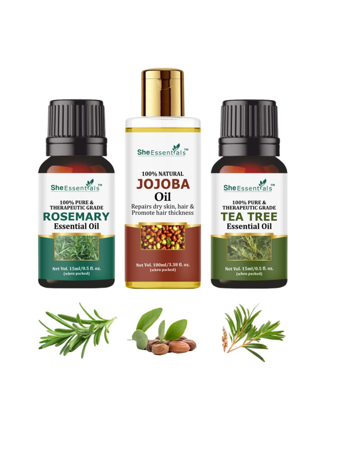 She Essentials Set Of 3 Rosemary Jojoba & Tea Tree Essential Oil - 130ml