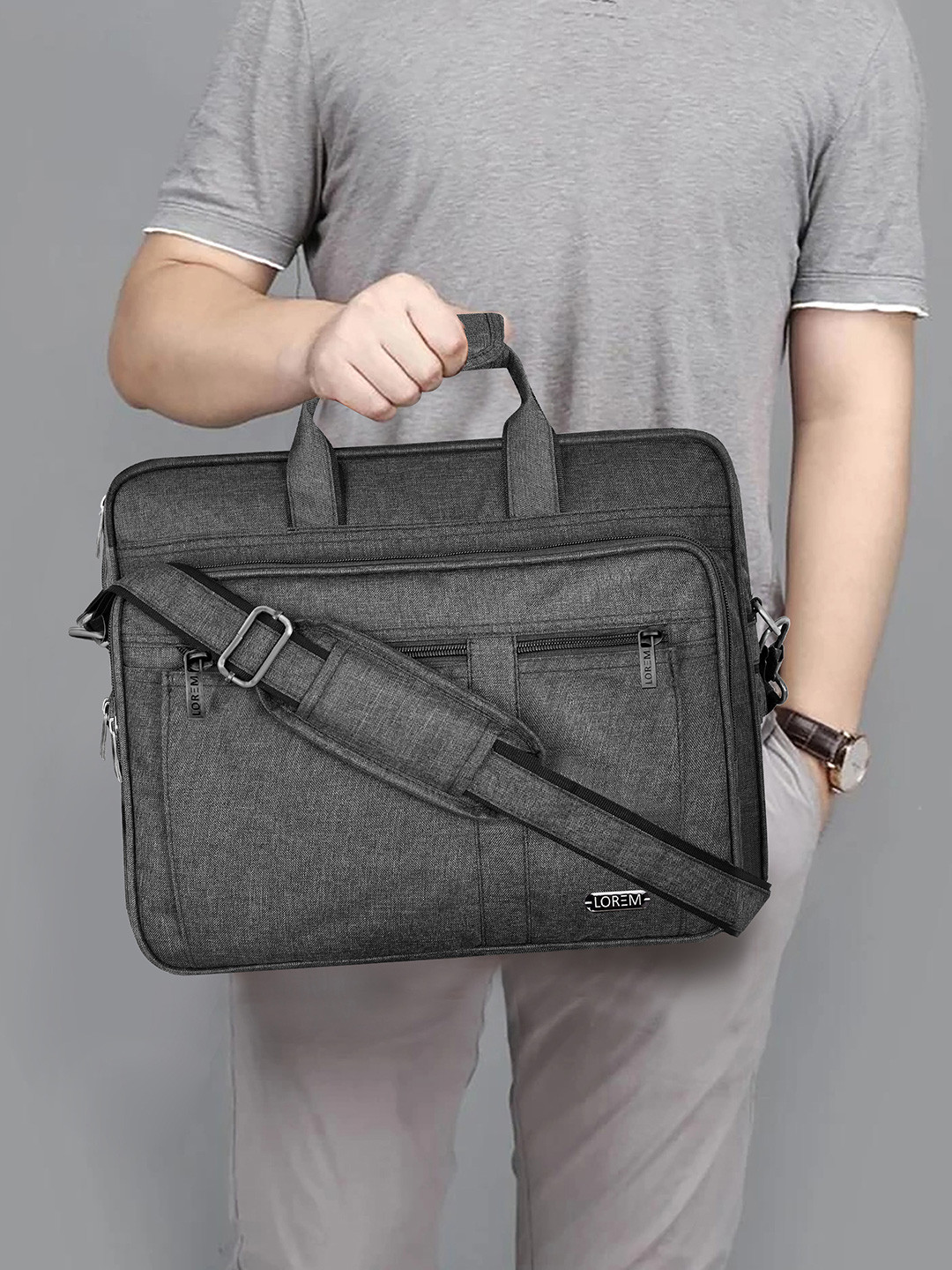 LOREM Men Textured Laptop Bag Detachable Sling Strap