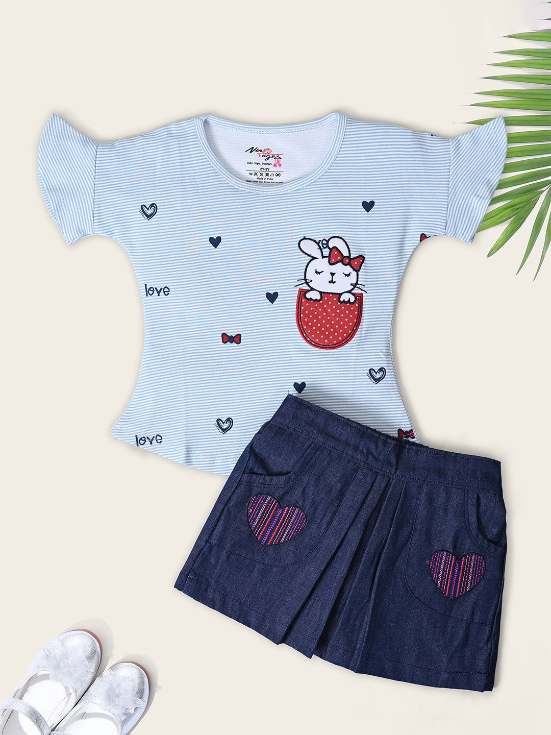 Nino Togs Girls Printed Pure Cotton Top with Denim Skirt