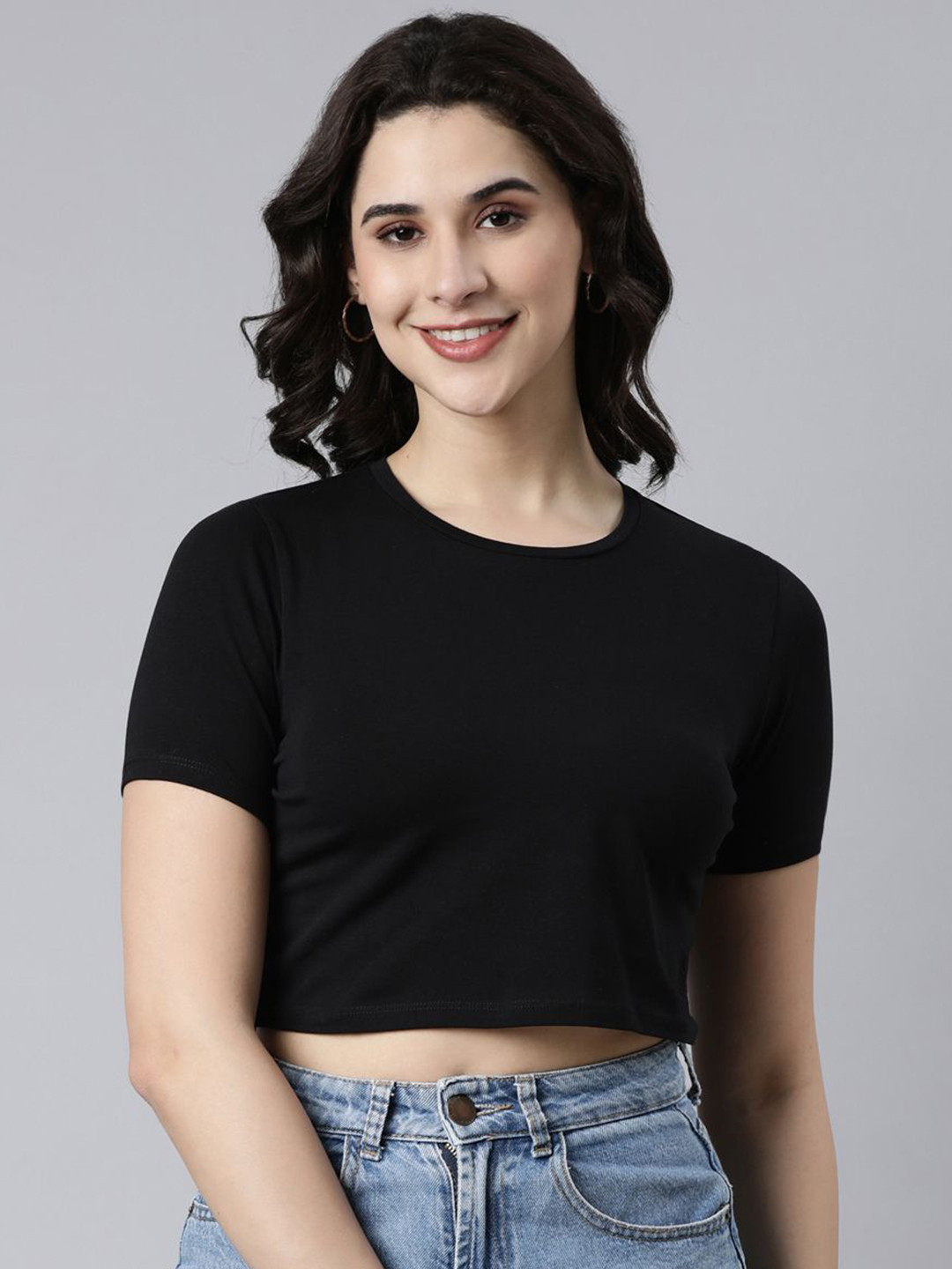 TWIN BIRDS Solid Women Crop T-shirt