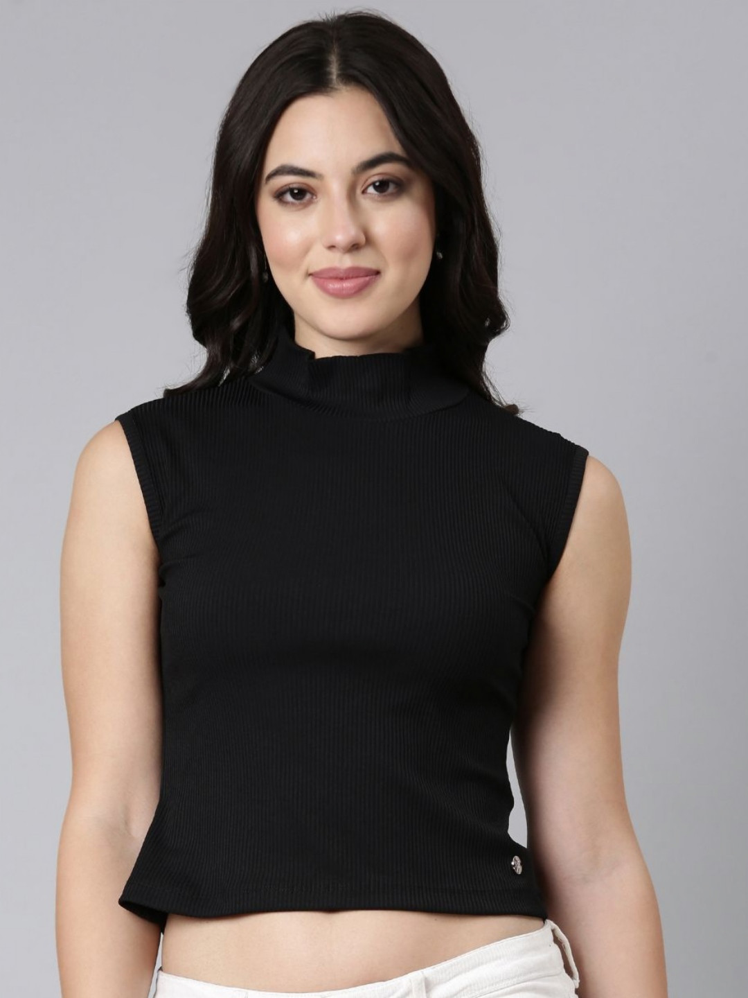 TWIN BIRDS Women High Neck Raw Edge Slim Fit T-shirt