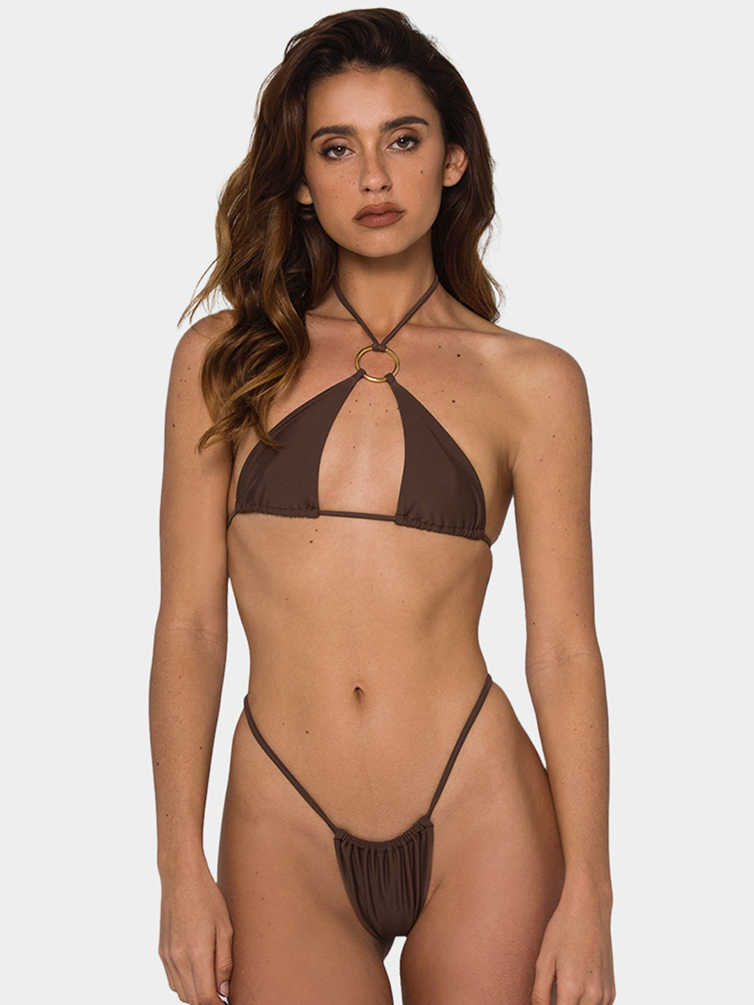 LULU & SKYSolid Brown Halter Bikini Top & Bottoms Swimwear