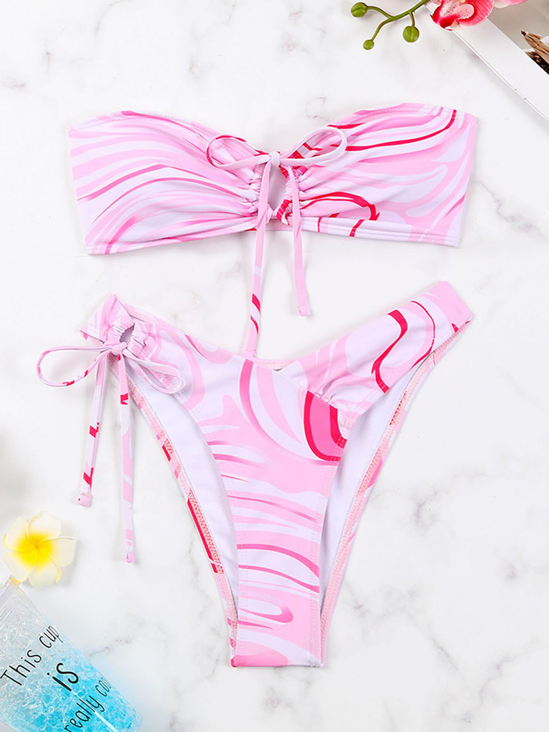 LULU & SKY Pink Marble Printed Swim Bikini Set