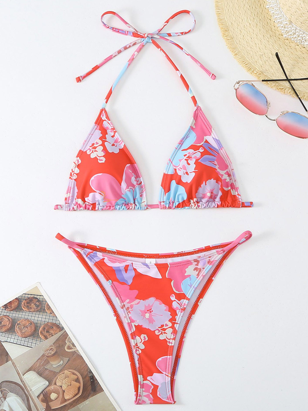 LULU & SKY Red Floral Print Triangular Top & Bottoms Swim Bikini Set