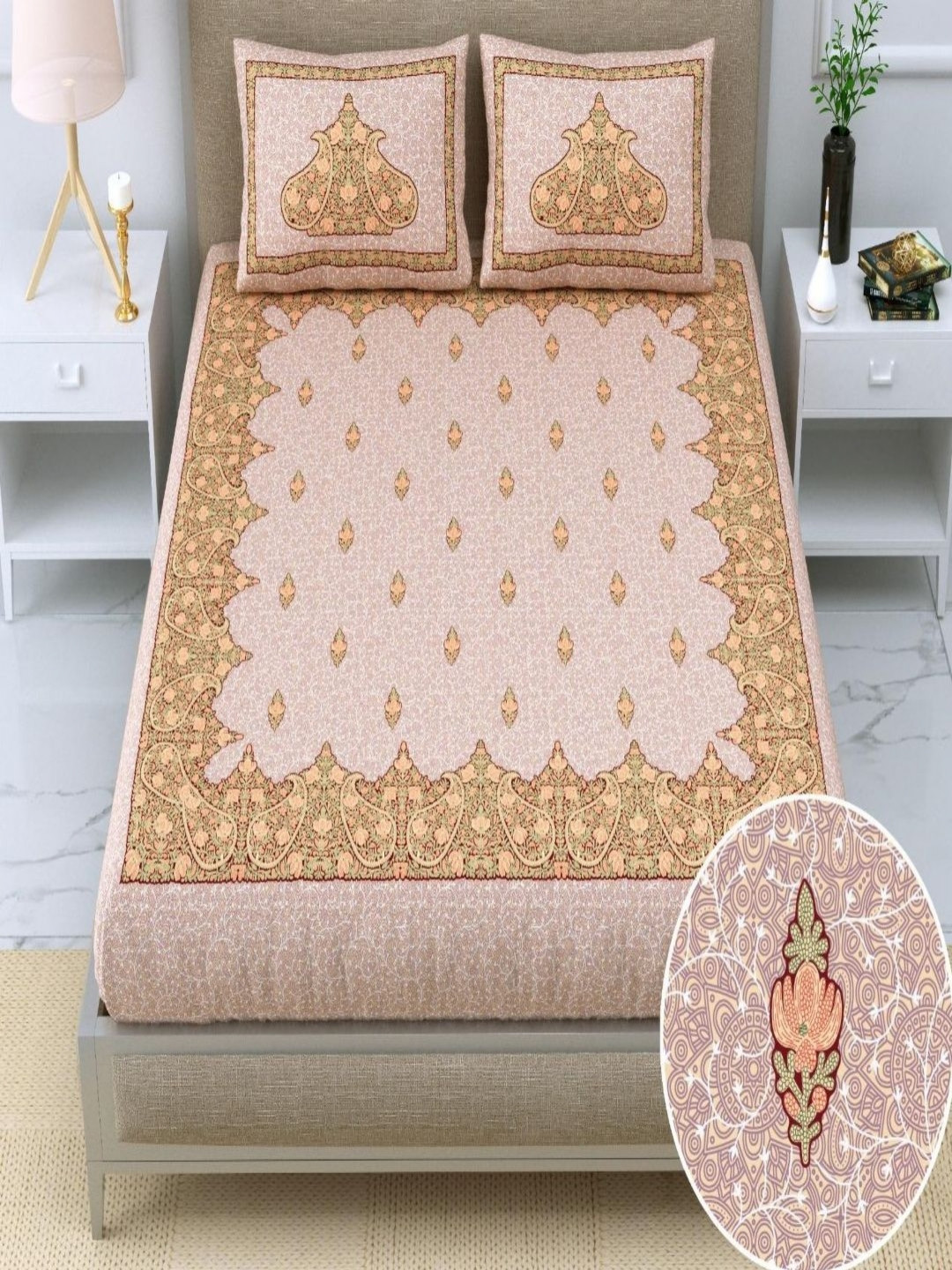 Qfab Beige Ethnic Motifs Cotton 350 TC King Superfine Bedsheet with 2 Pillow Covers-110 x 110 inches