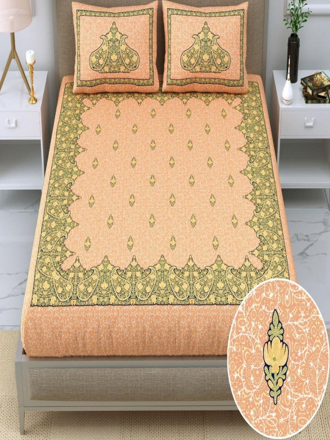 Qfab Passion Fur Orange Ethnic Motifs Cotton 350 TC King Superfine Bedsheet with 2 Pillow Covers-17 x 27 inches