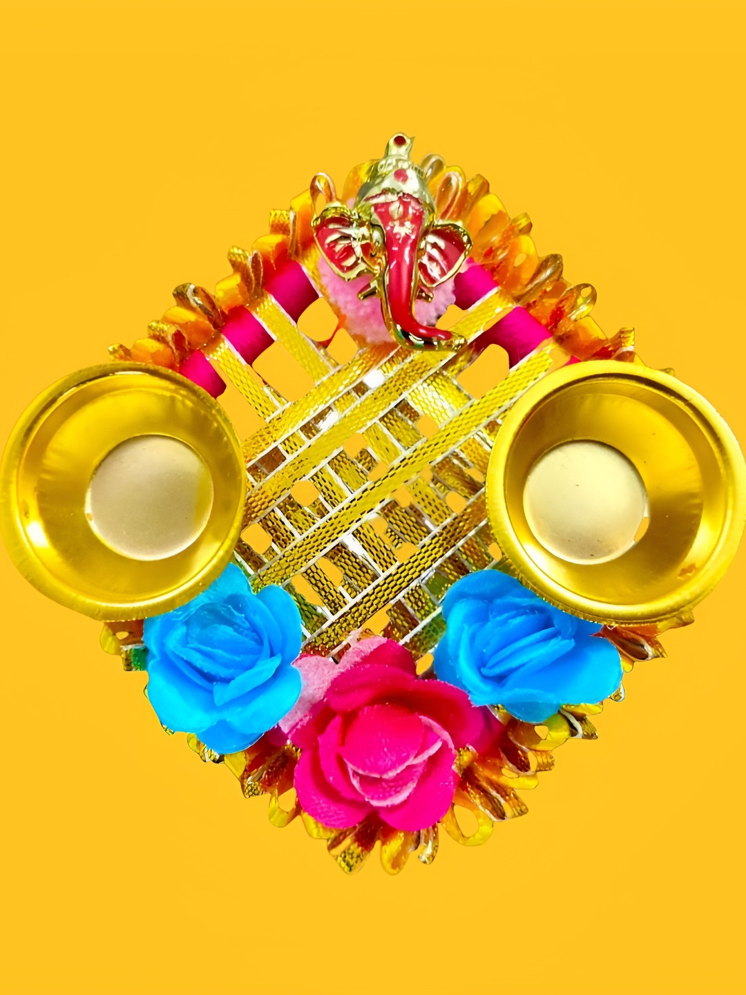 PUFFSMART Yellow & Blue Beaded Pooja Thali With Attached Roli & Chawal holder