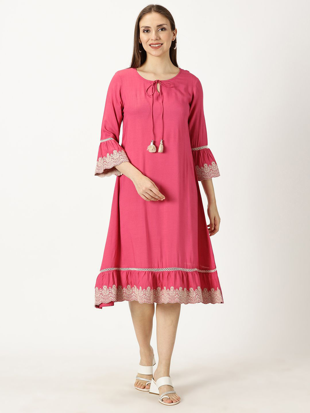 Saffron Threads Tie-Up Neck Bell Sleeve A-Line Midi Dress With Lace Embroidery Details